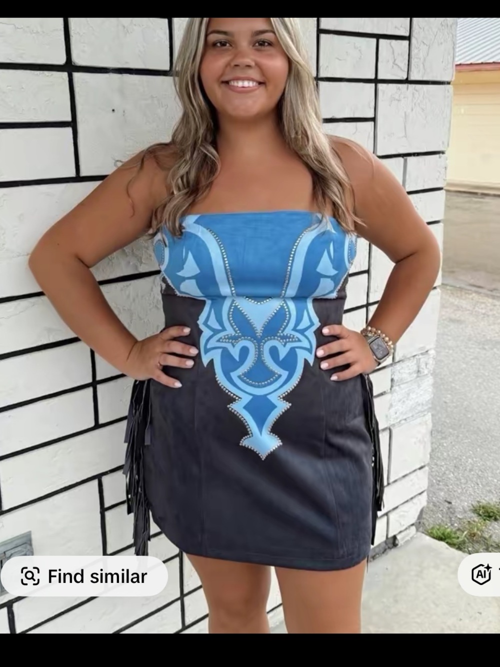 Suede Strapless Blue & Black Embellished Mini Dress